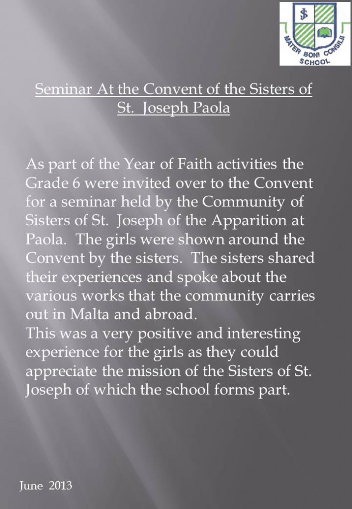 Seminar At the Convent of the Sisters of St.  Joseph Paola-Grade 6 - 2013